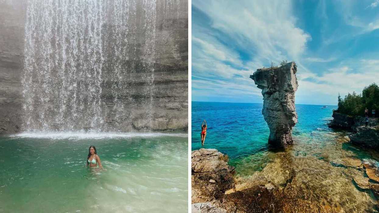 A person swimming under a waterfall. Right: A person diving into water by a rock formation.