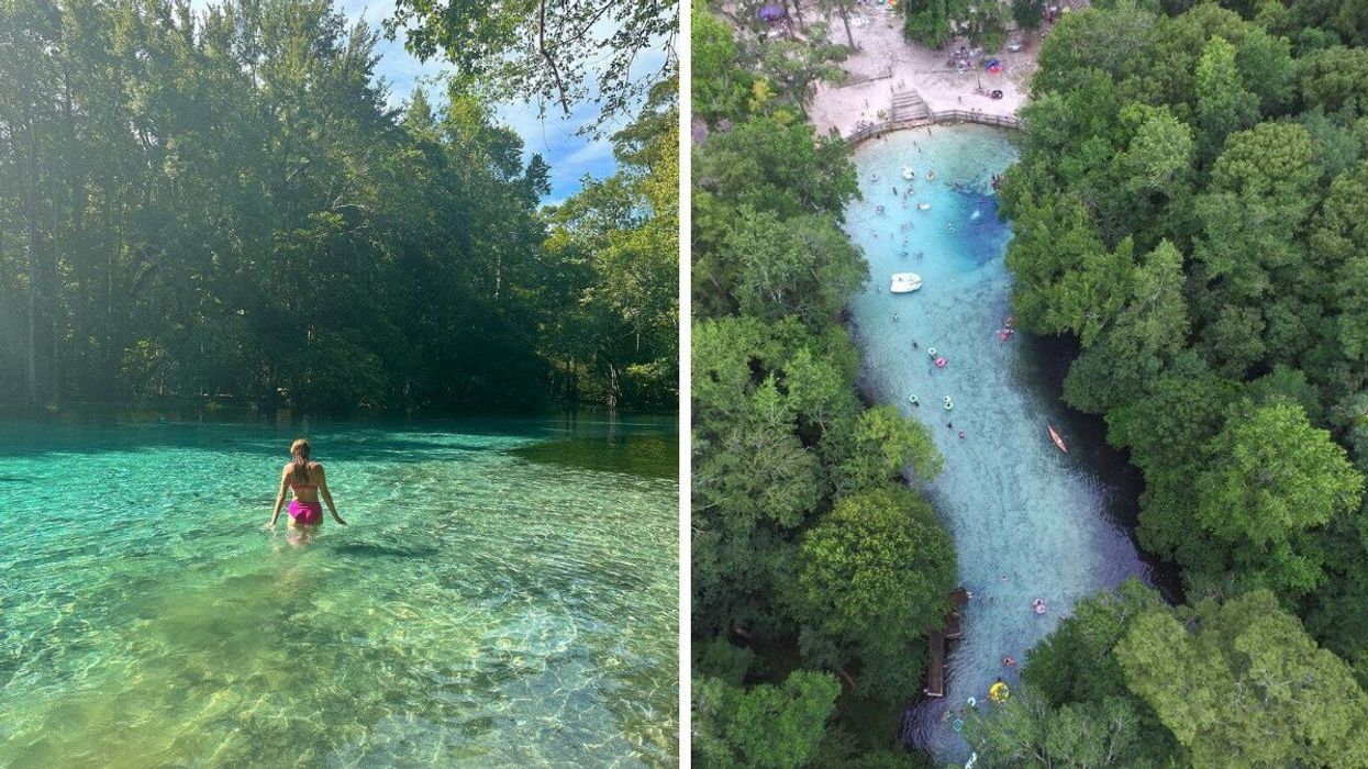 A person swims at Gilchrist Blue Springs State Park. Right: An aerial view of the state park.