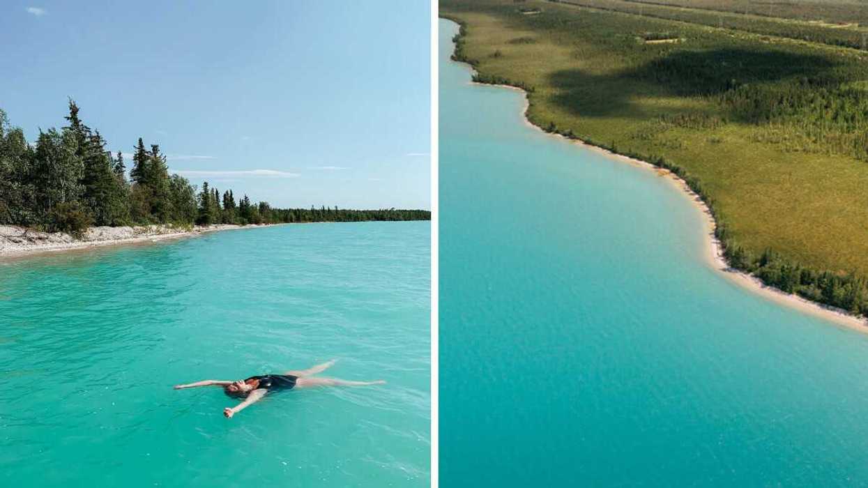A person swims in a blue lake. Right: A turquoise lake in Canada.