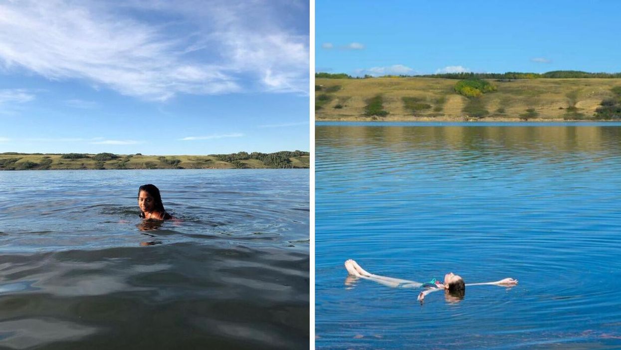 A person swims in Little Manitou Lake. Right: A person floats in the lake.