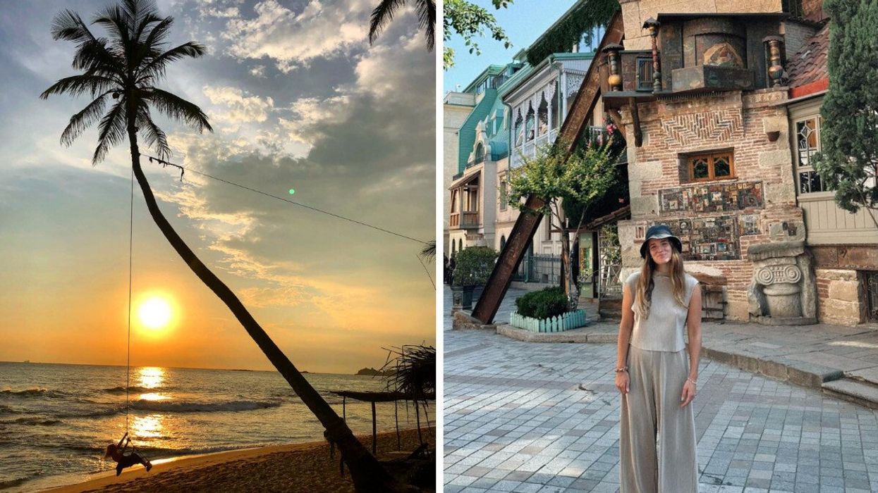 A person swings on a rope from a palm tree in front of a golden sun set in Sri Lanka. Right: A person smiles on a quaint street in Georgia.
