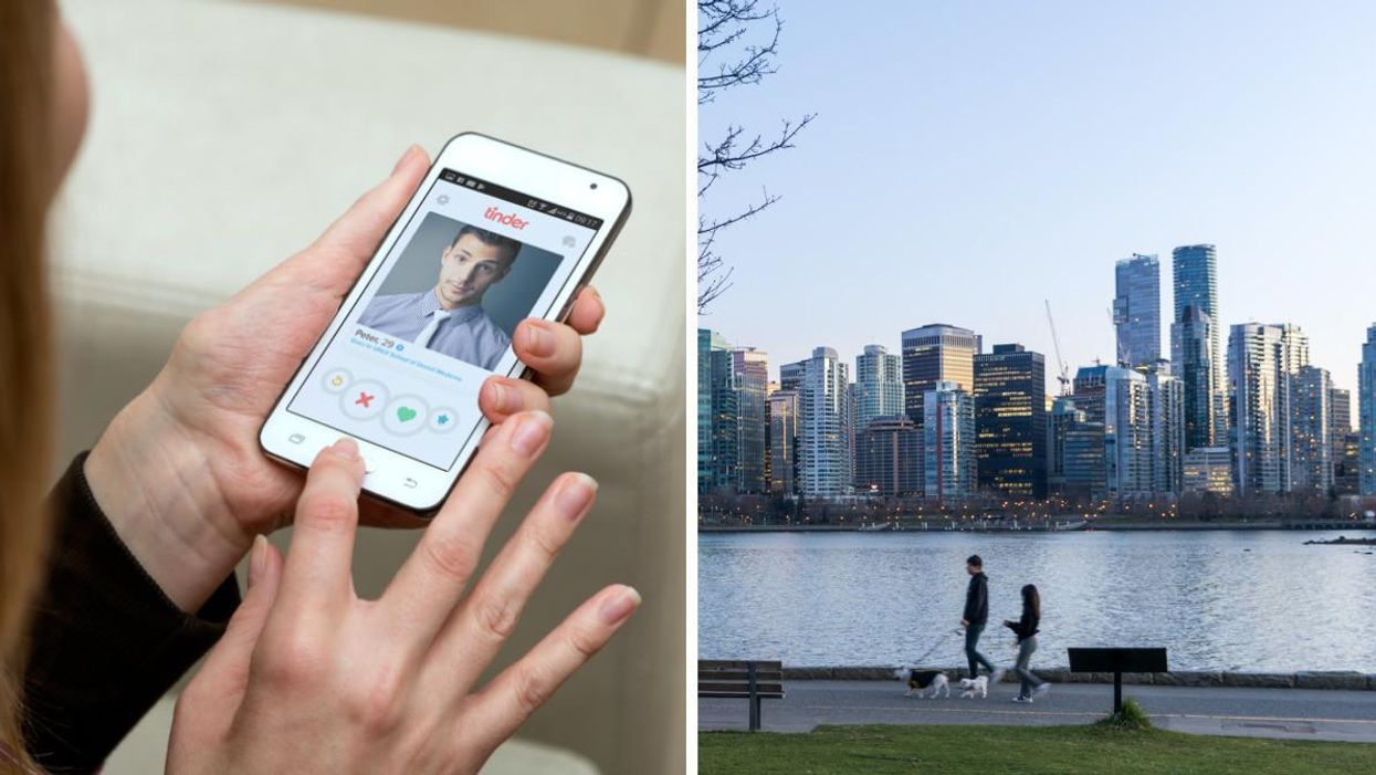 A person swiping on the Tinder dating app, right, a couple walking dogs in Vancouver, B.C.