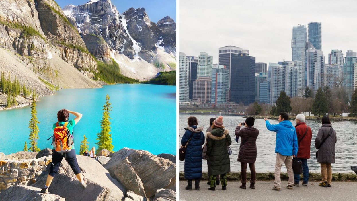 A person taking a photo of a lake. Right: A group of tourists in Vancouver.
