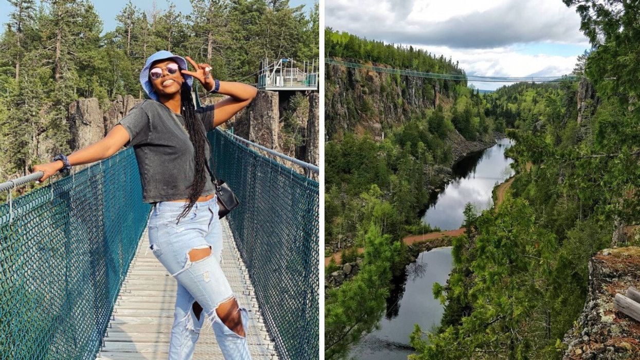 A person taking a picture on Canada's longest suspension bridge. Right: The view from the bridge.