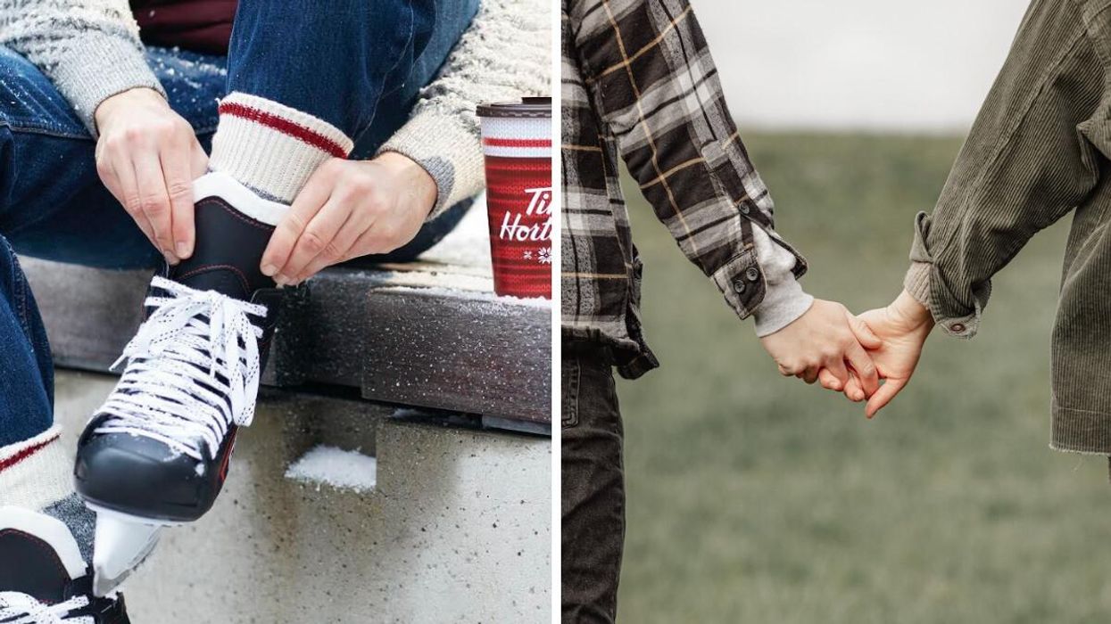 A person tying a hockey skate with a Tim Hortons cup. Right: Two people holding hands.