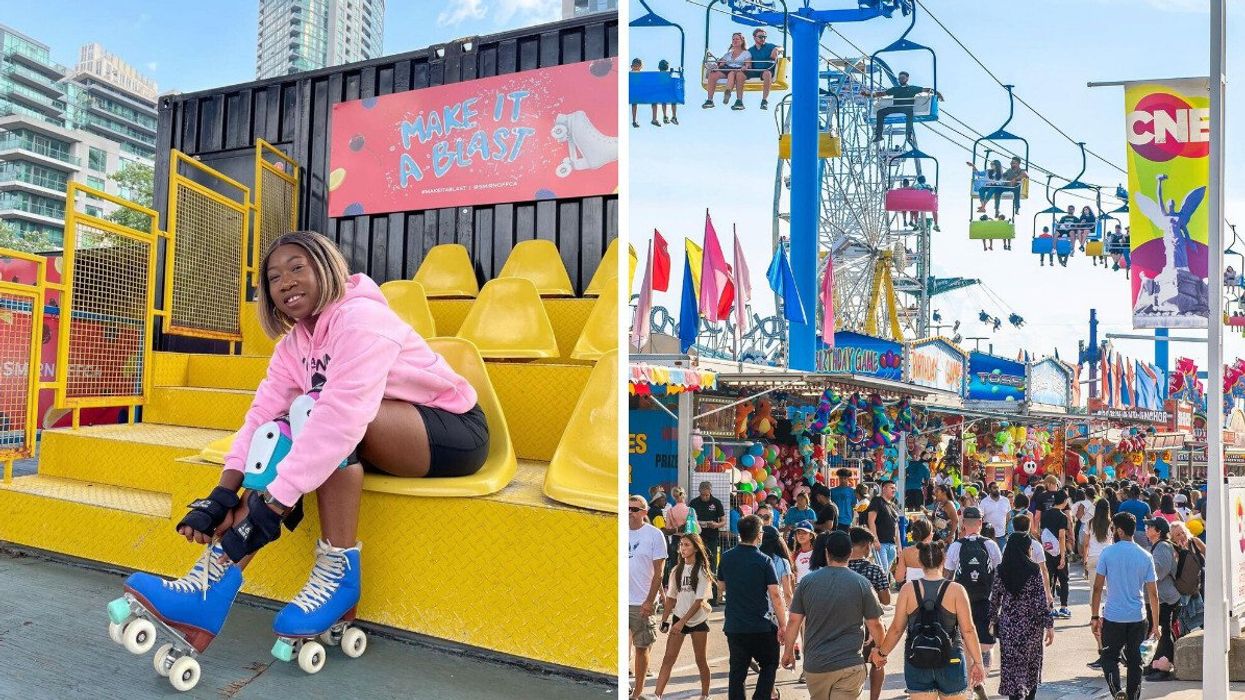 A person tying up roller skates. Right People at a fair.