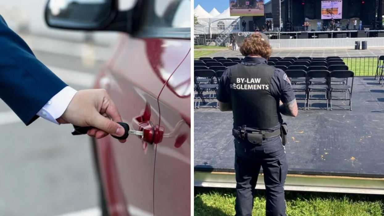 A person unlocks a car door with a key. Right: Ottawa bylaw officer.