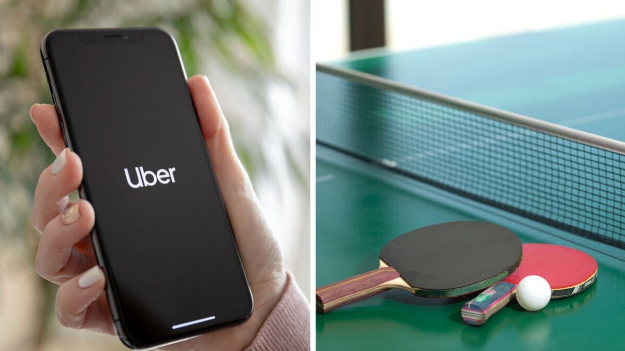 A person uses the Uber app. Right: Ping pong paddles on a table.