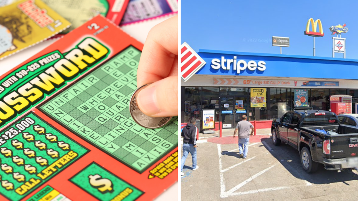 A person using a coin on a scratch off lottery ticket. Right: A Stripes convenience store in Pharr, TX.