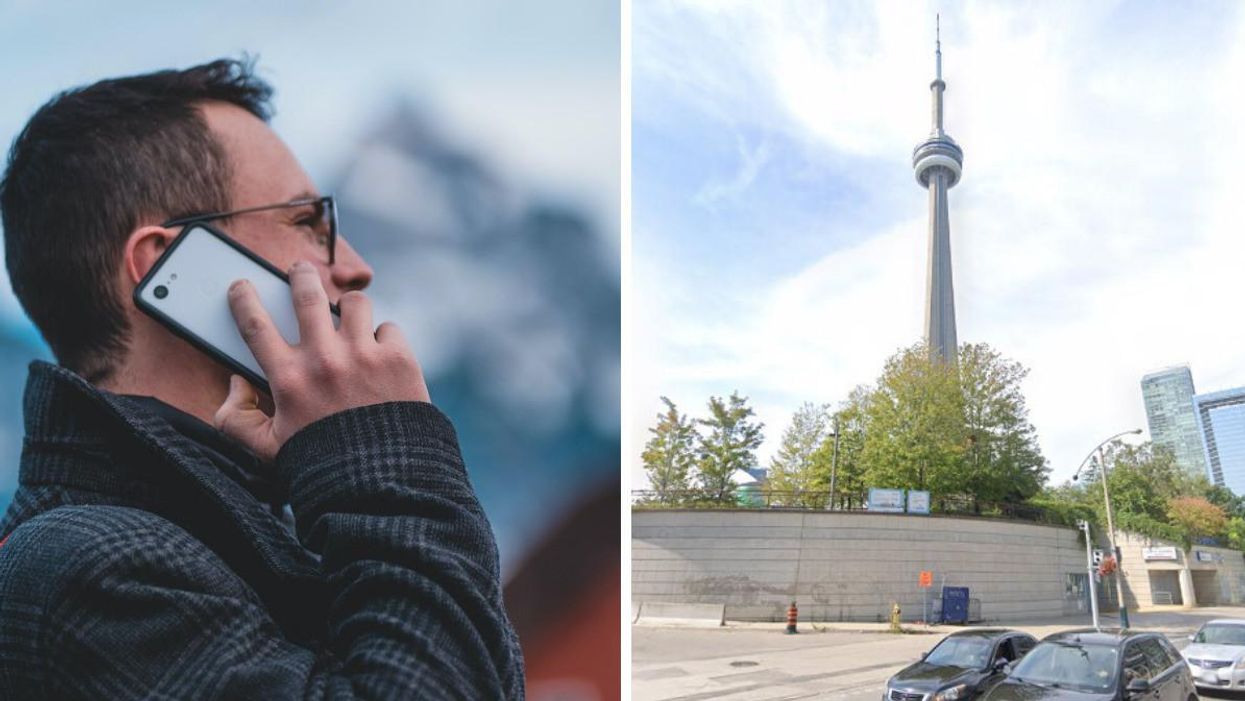 A person using a Google Pixel phone. Right: The CN Tower.