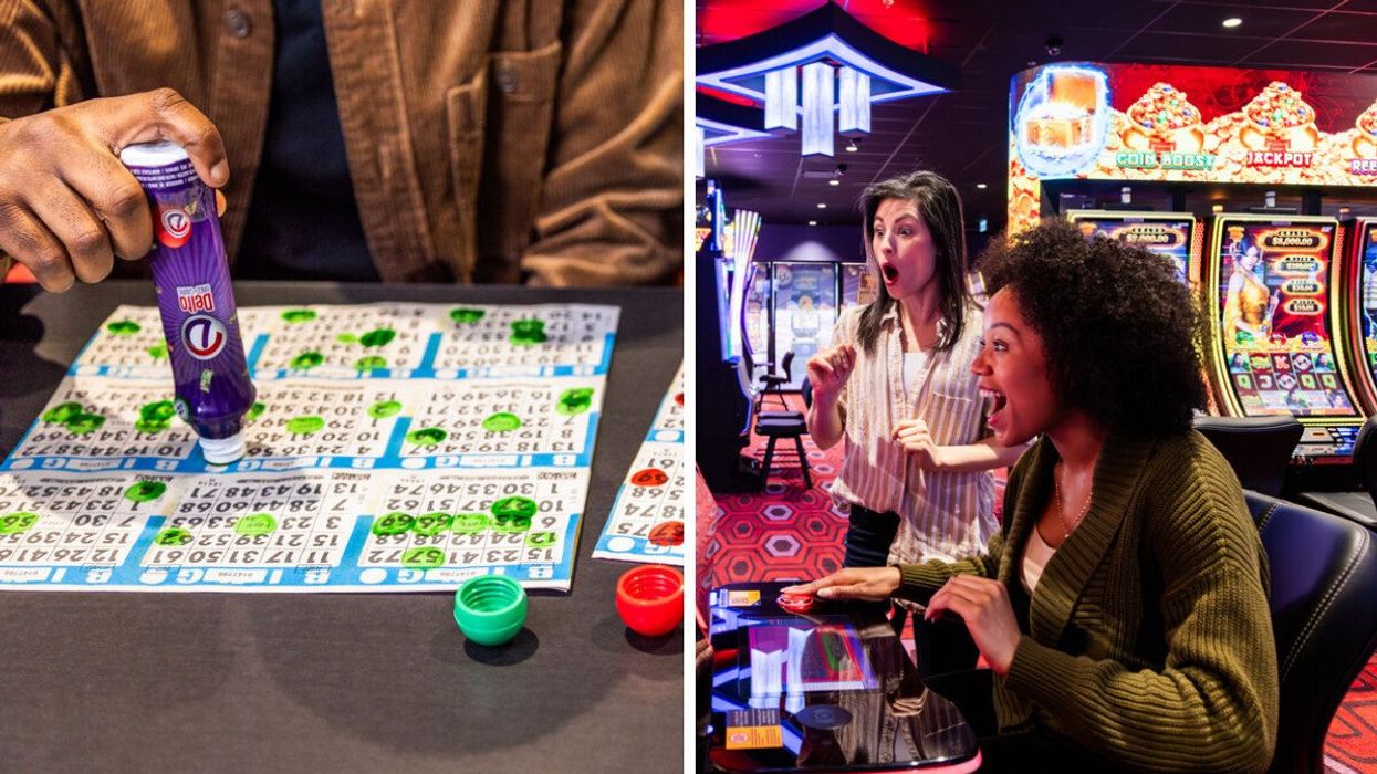 A person using a purple dabber on multiple bingo cards during a game, Right: Two women excitedly reacting while playing slot machines at an arcade casino