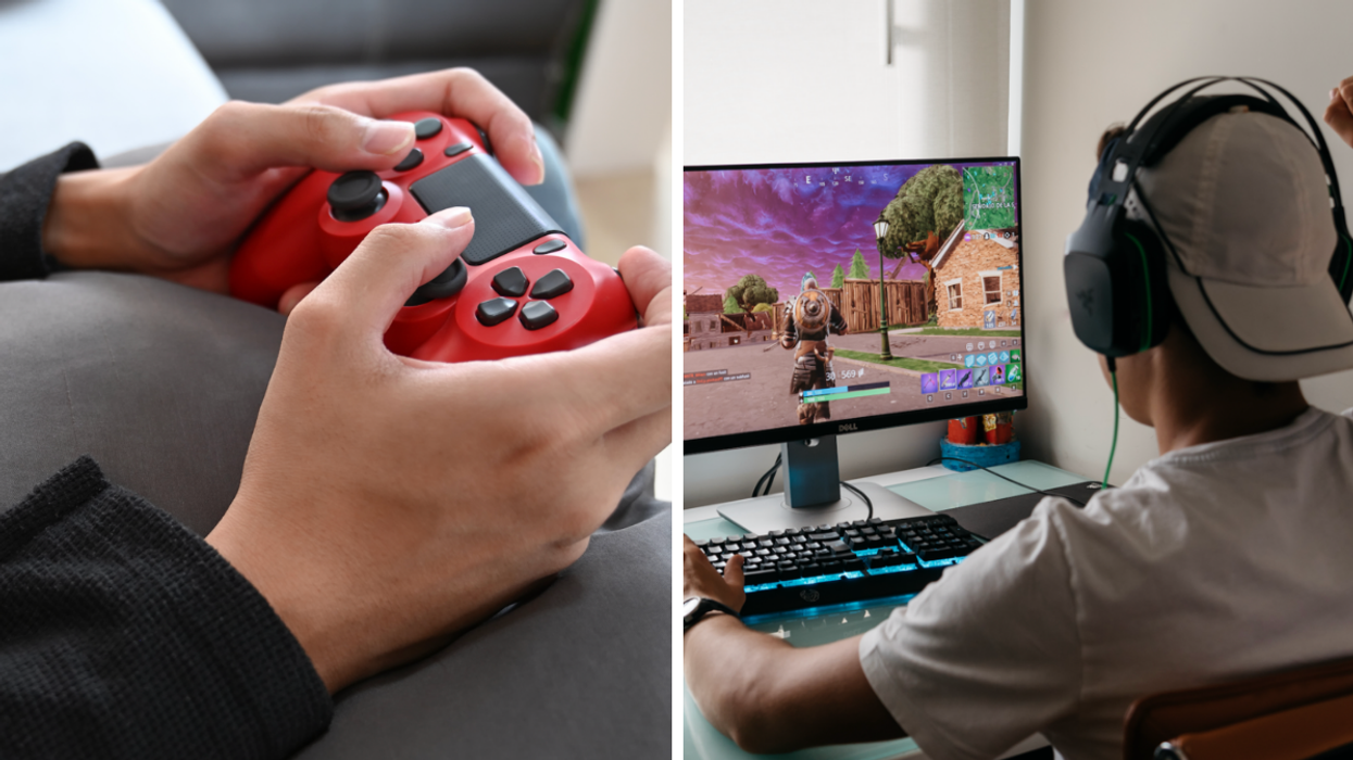 A person using a video game controller. Right: A person playing a video game.