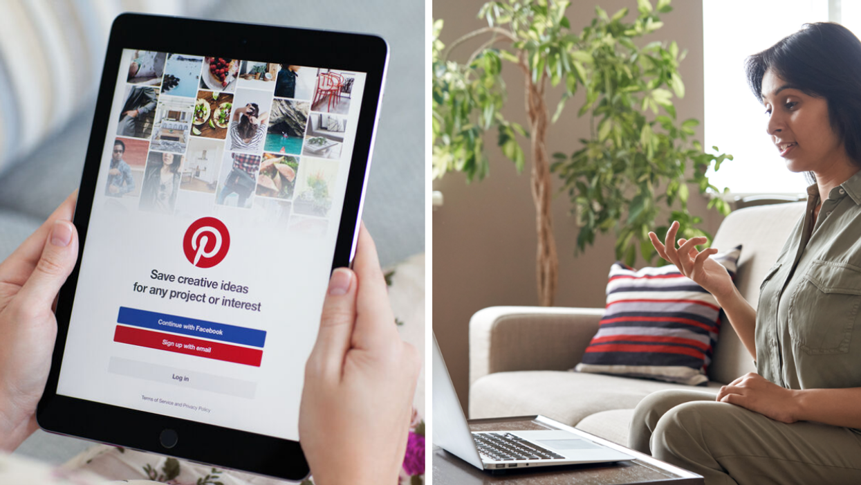 A person using the Pinterest app. Right: A woman talking to a laptop.