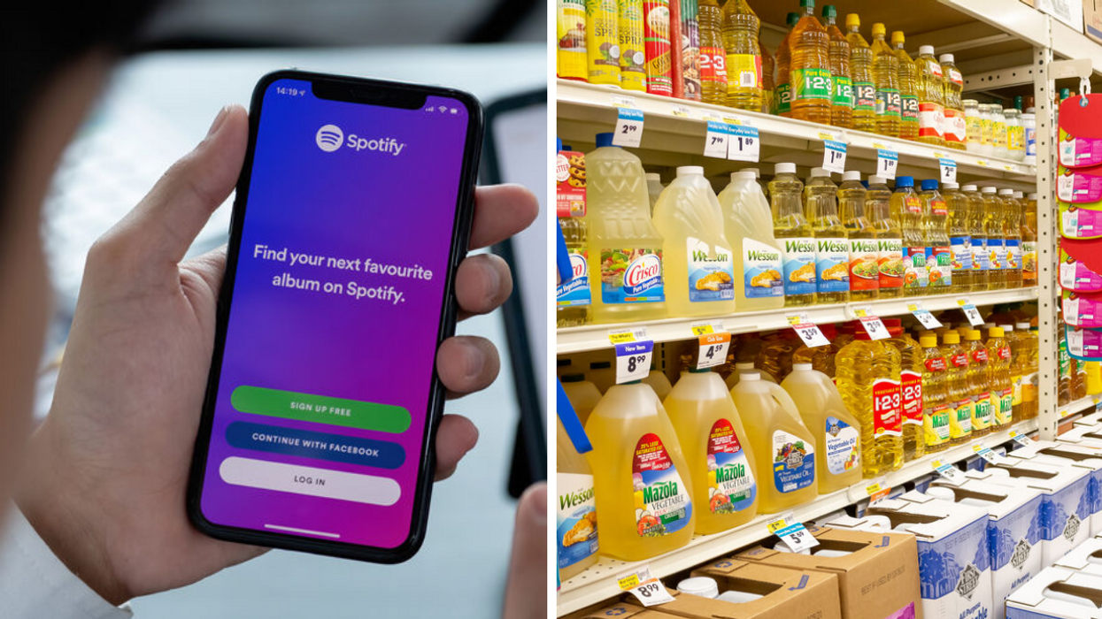 A person using the Spotify app. Right: The cooking oil aisle in a store.