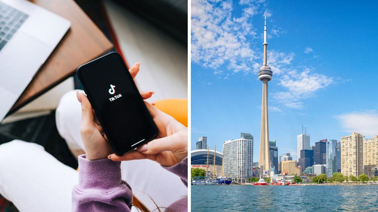 A person using TikTok on their phone. Right: CN tower in Toronto.