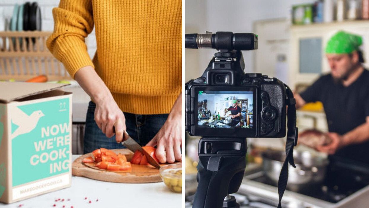 A person visible from the shoulders down cuts a tomato with a knife on a chopping board next to a Goodfood meal kit delivery box that reads: "Now we're cooking." Right: The screen of a digital camera mounted on a tripod videos a cook wearing a green bandana in the background preparing a meal.