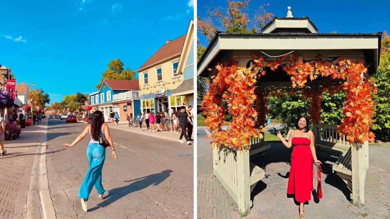 A person walking across a street. Right: A person standing in a gazebo.