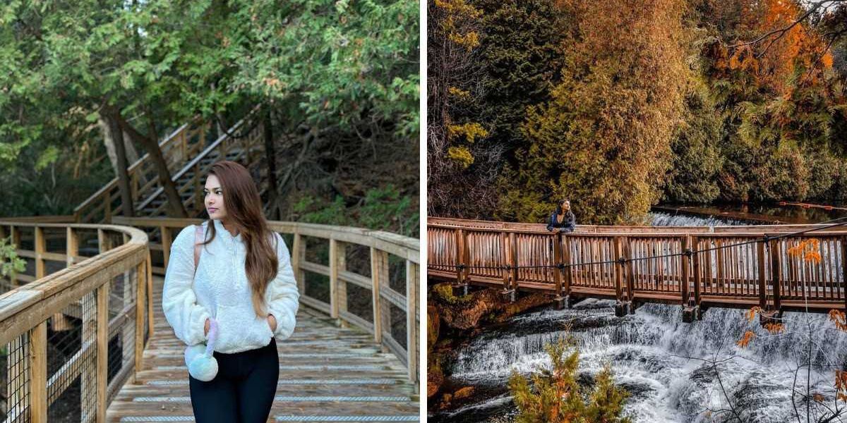 This dreamy Ontario park has a boardwalk trail and a swing bridge with a magical waterfall