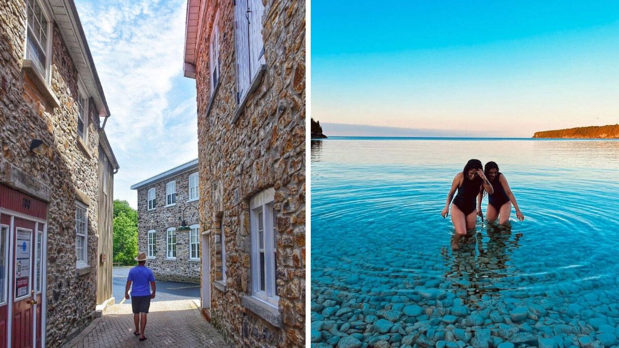A person walking along a historic street. Right: Two people in the water.