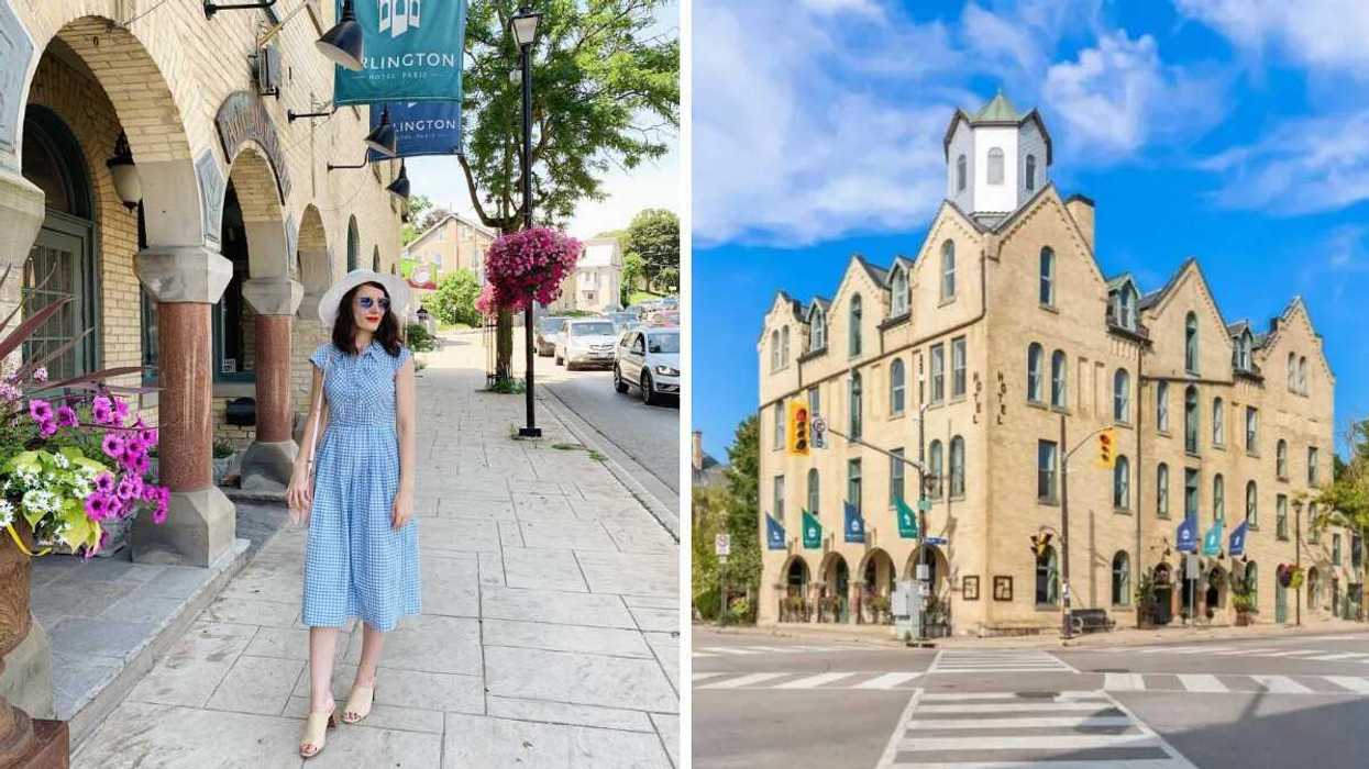 A person walking along a street. Right: A historic building.