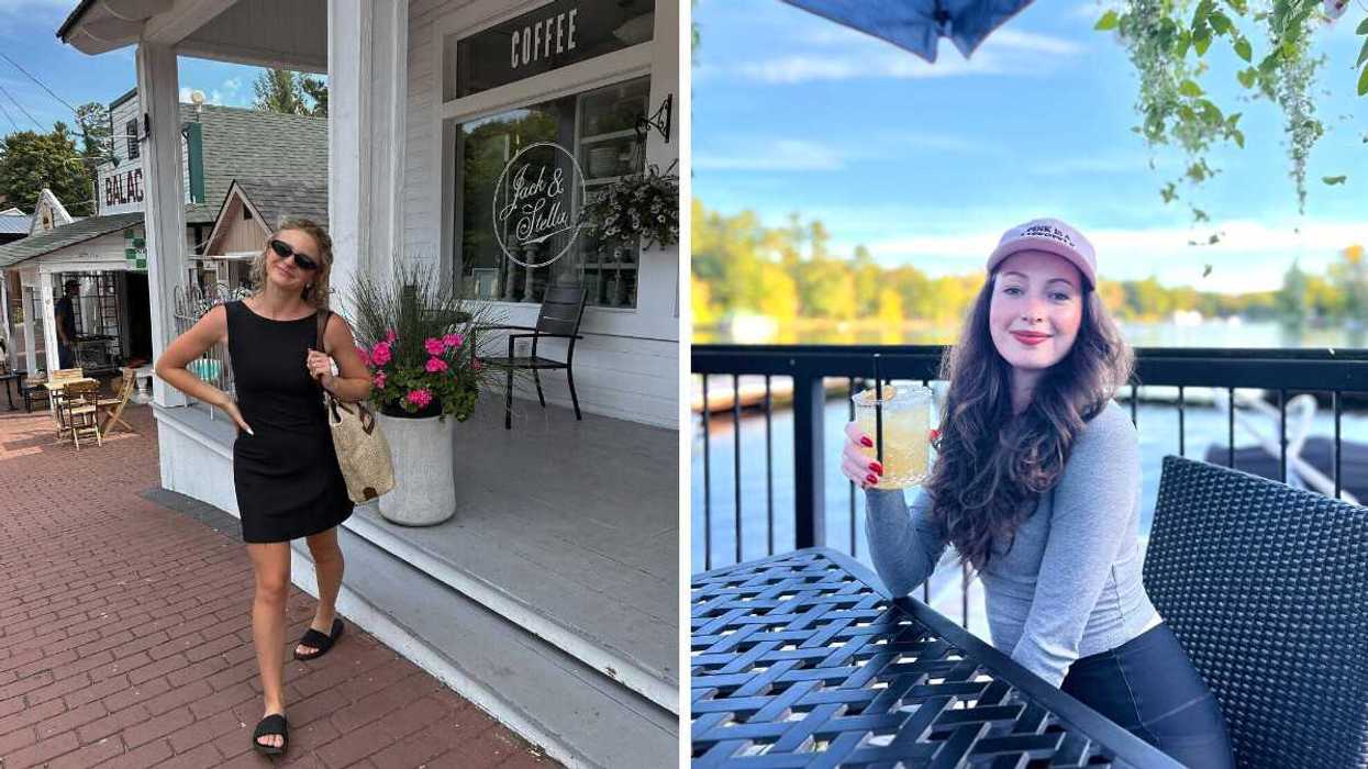 A person walking along a street. Right: A person sitting on a patio.