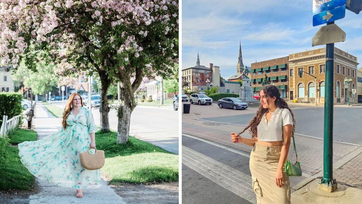 A person walking beneath a flowering tree. Right: A person standing on a downtown corner.