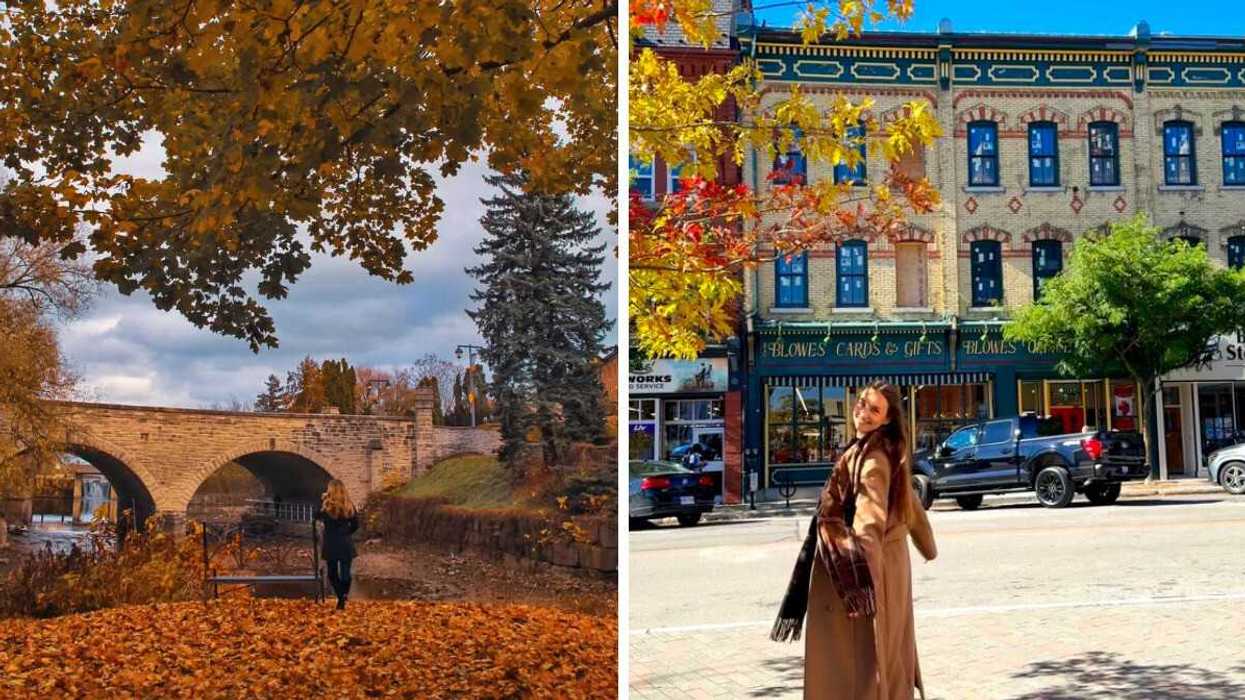 A person walking by a bridge in the fall. Right: A person standing on a street in the fall.