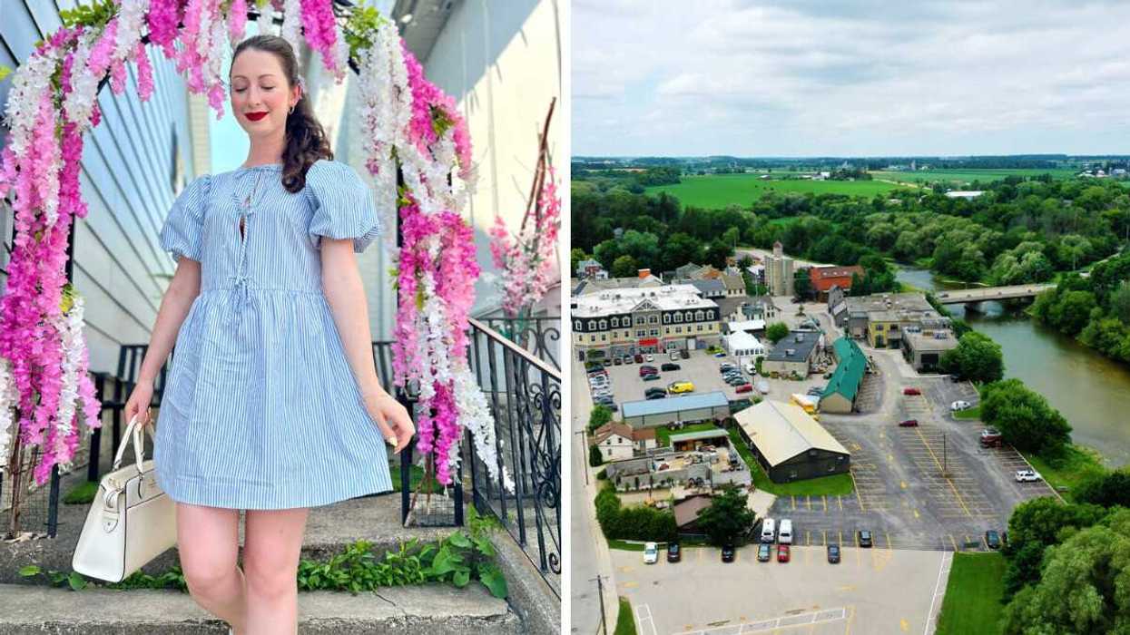 A person walking by a flower archway. Right: A small town.