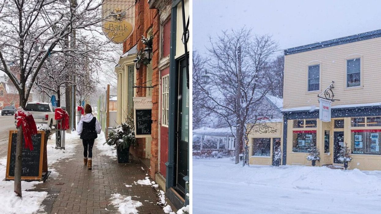 A person walking down a historic street. Right: A main street in the snow.