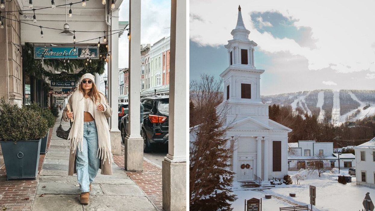 A person walking down a historic street. Right: A small town church during the winter.