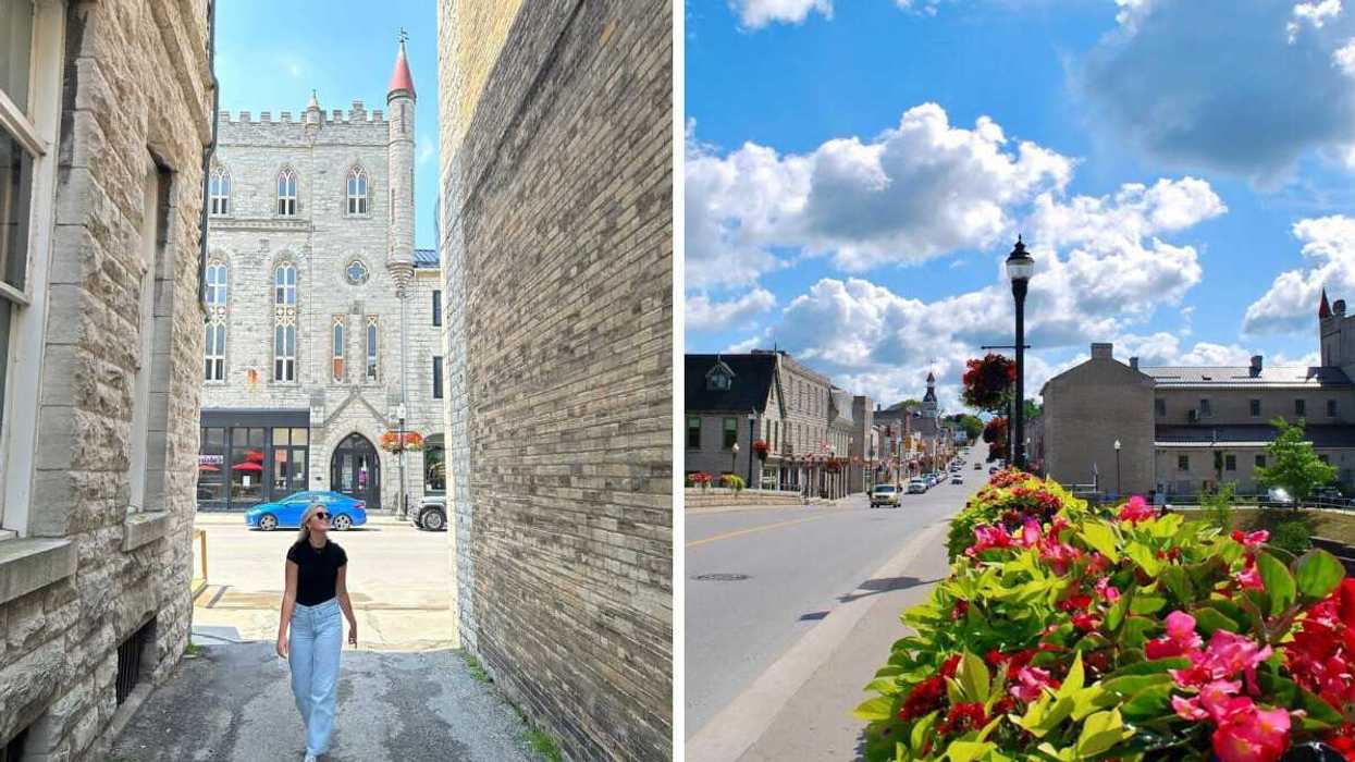 A person walking down a stone alleyway. Right: A small town.
