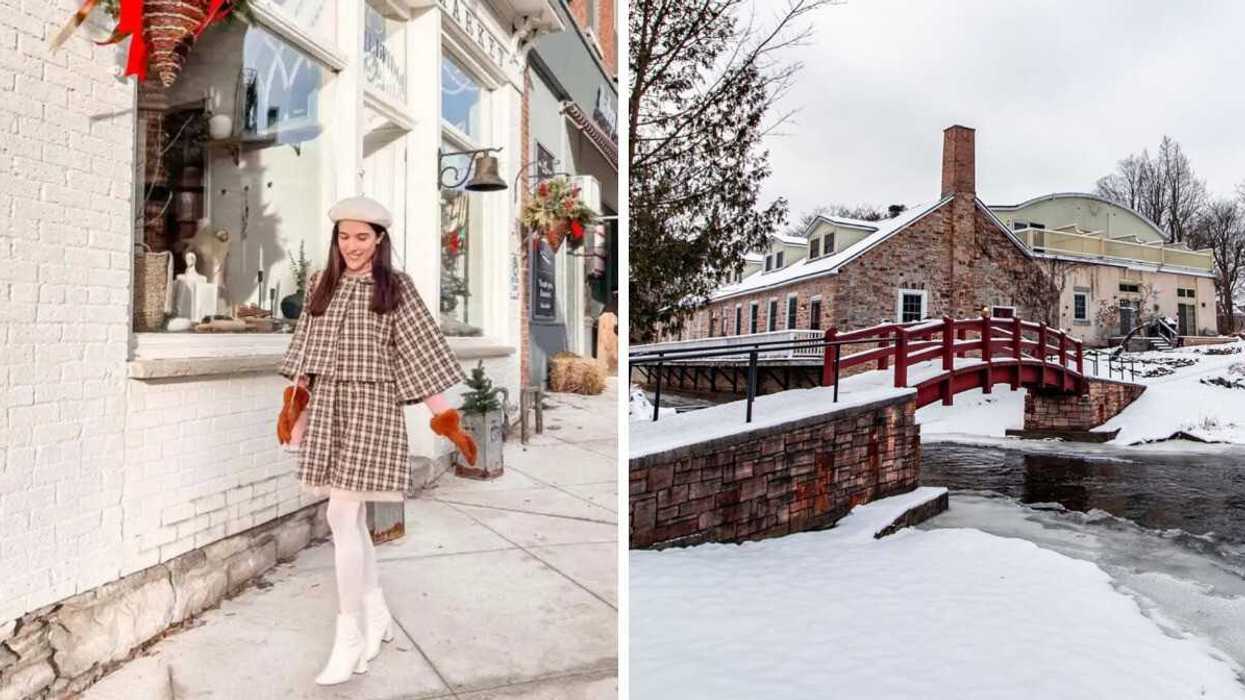 A person walking down a street. Right: A bridge under a blanket of snow.