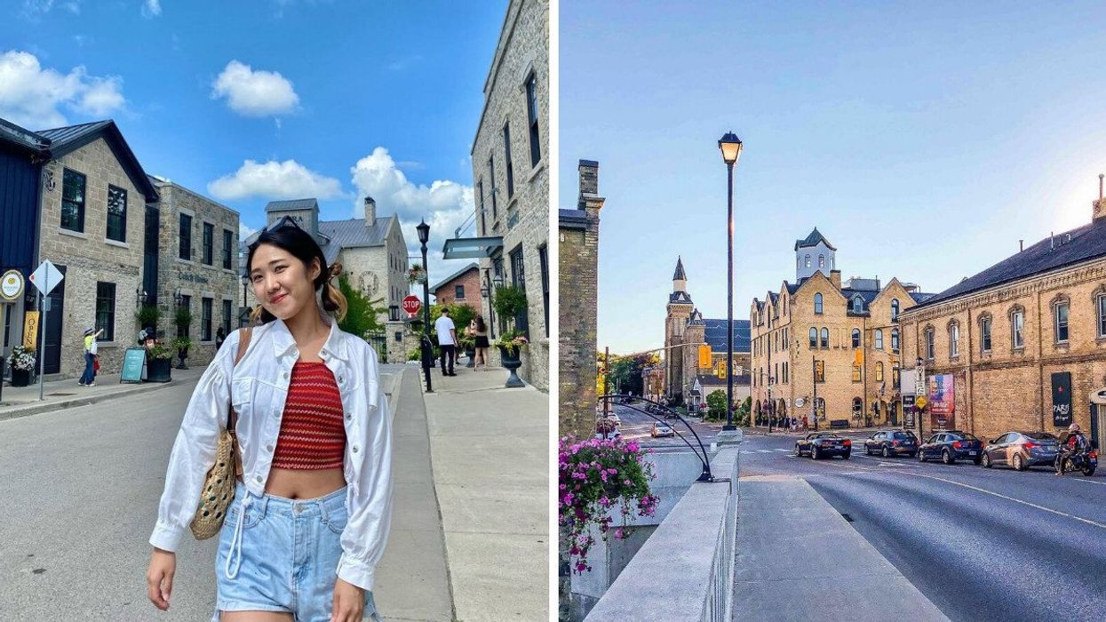 A person walking down a street. Right: A historic town.
