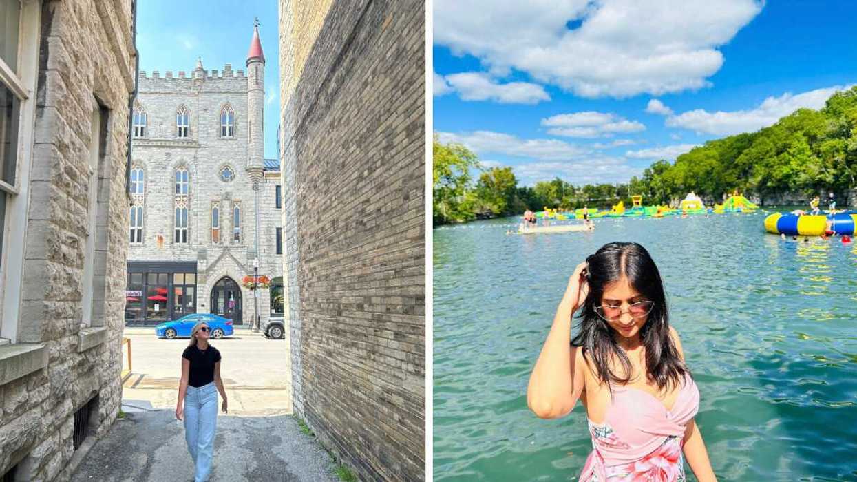 A person walking down a street. Right: A person by a swimming hole.