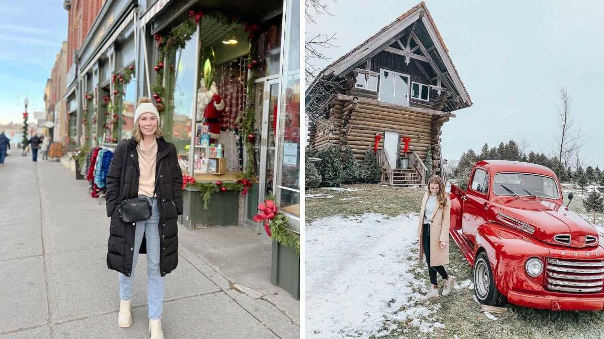 A person walking down a street. Right: A person standing by a red truck.