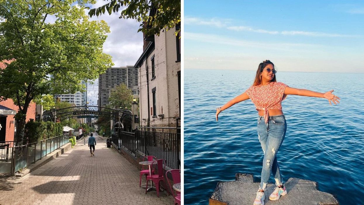 A person walking down a street. Right: A person standing by the water.