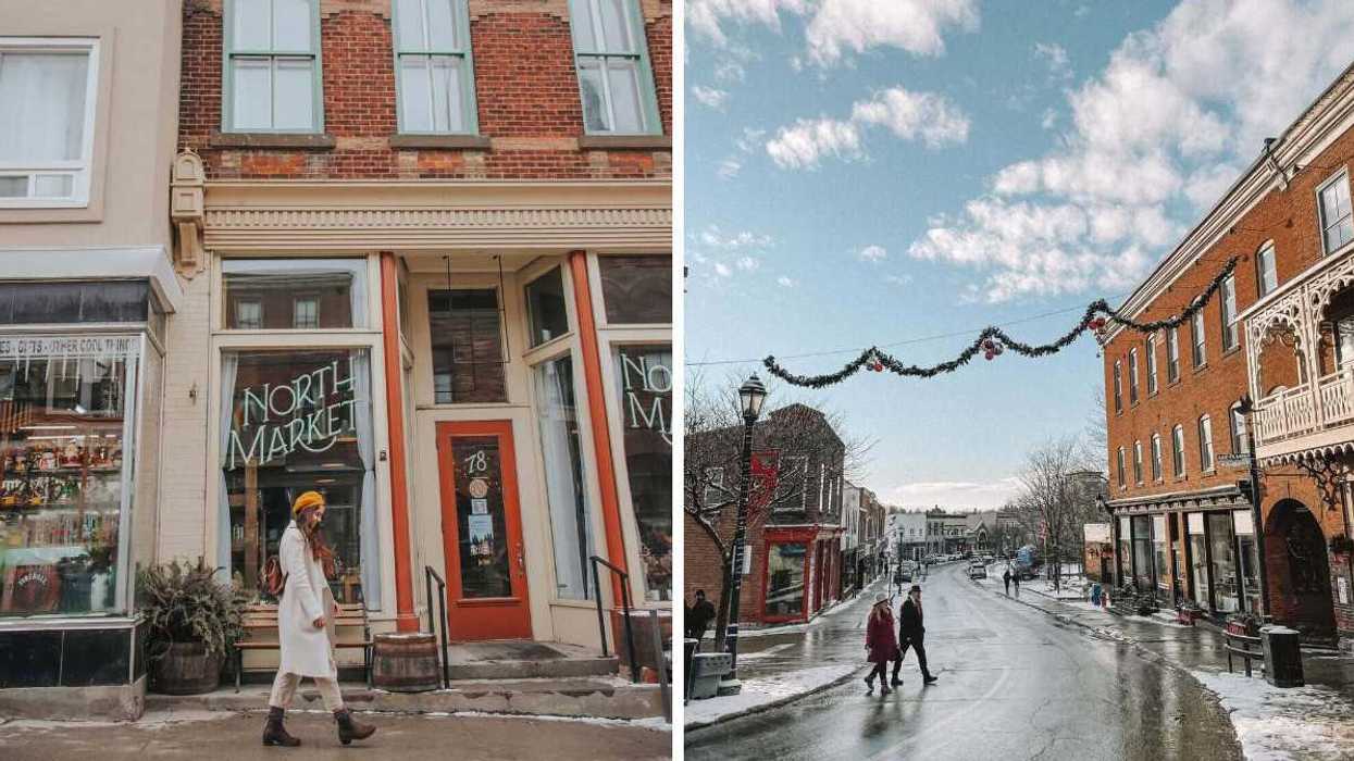 A person walking down a street. Right: A quaint street in the winter.