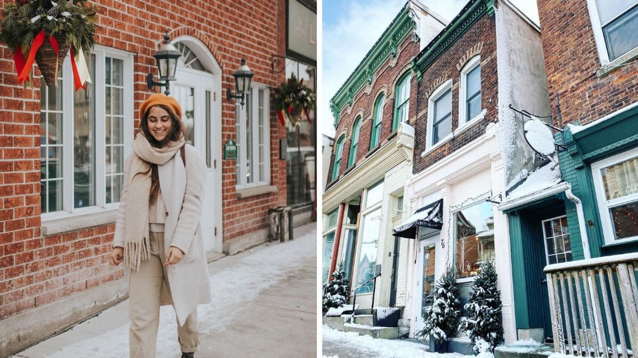 A person walking down a street. Right: A small town during the winter.