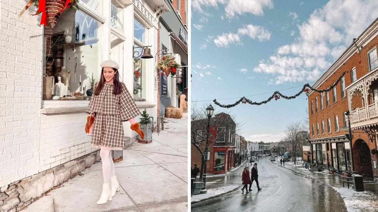 A person walking down a street. Right: A small town Main Street.