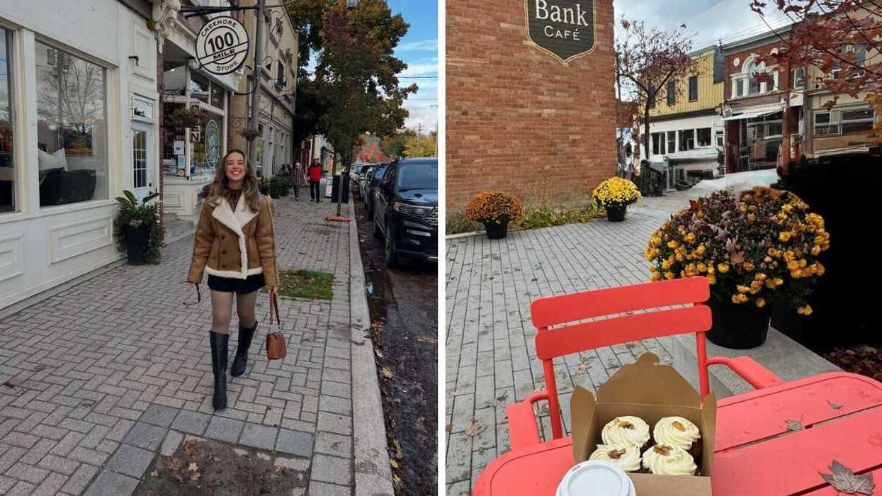 A person walking down a street. Right: A table with baked goods.
