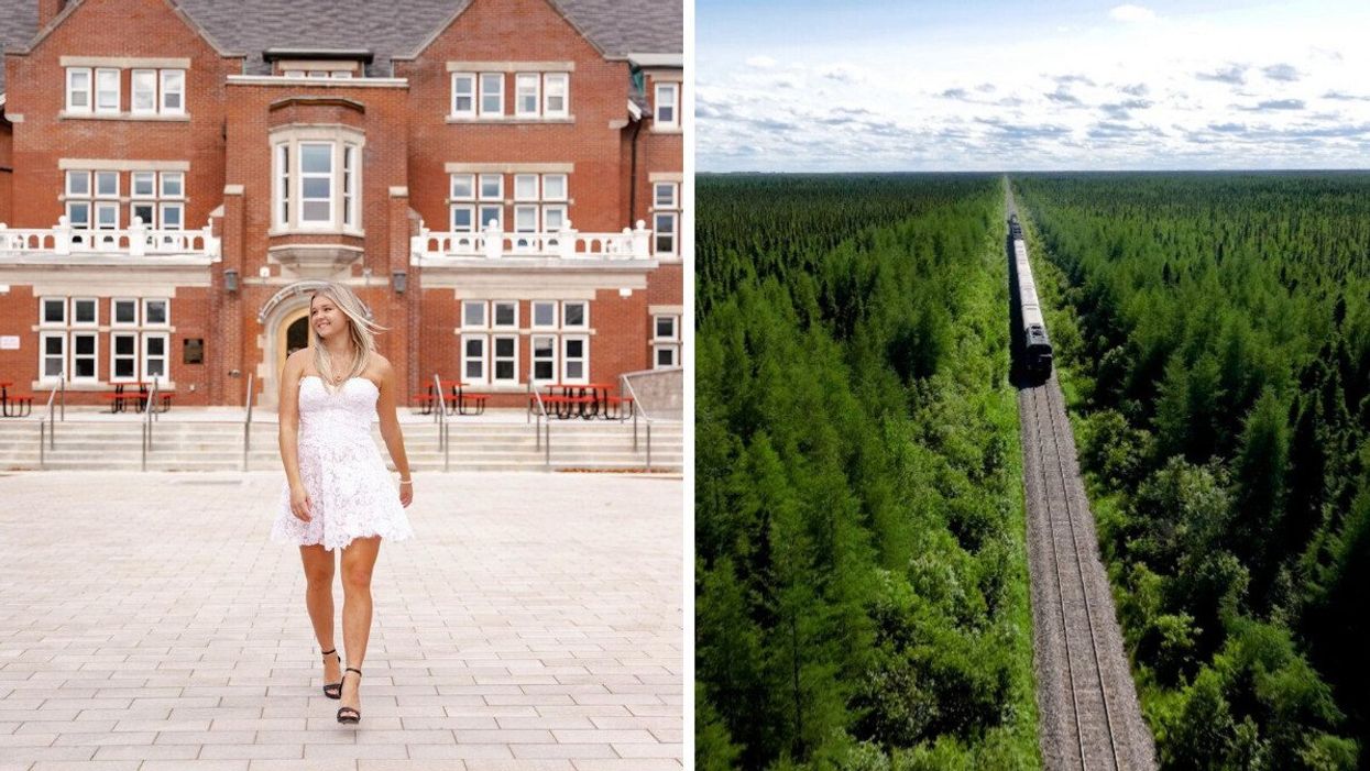A person walking down a street. Right: A train surrounded by trees.