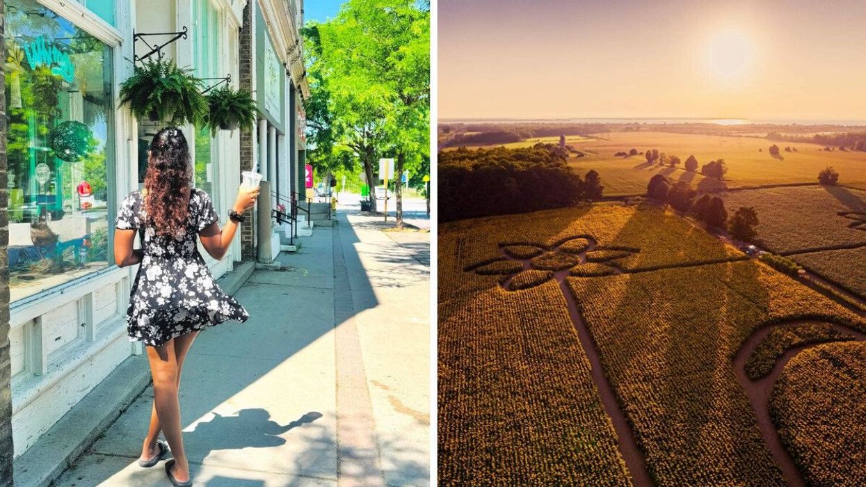 A person walking down a street. Right: An aerial view of a sunflower field.
