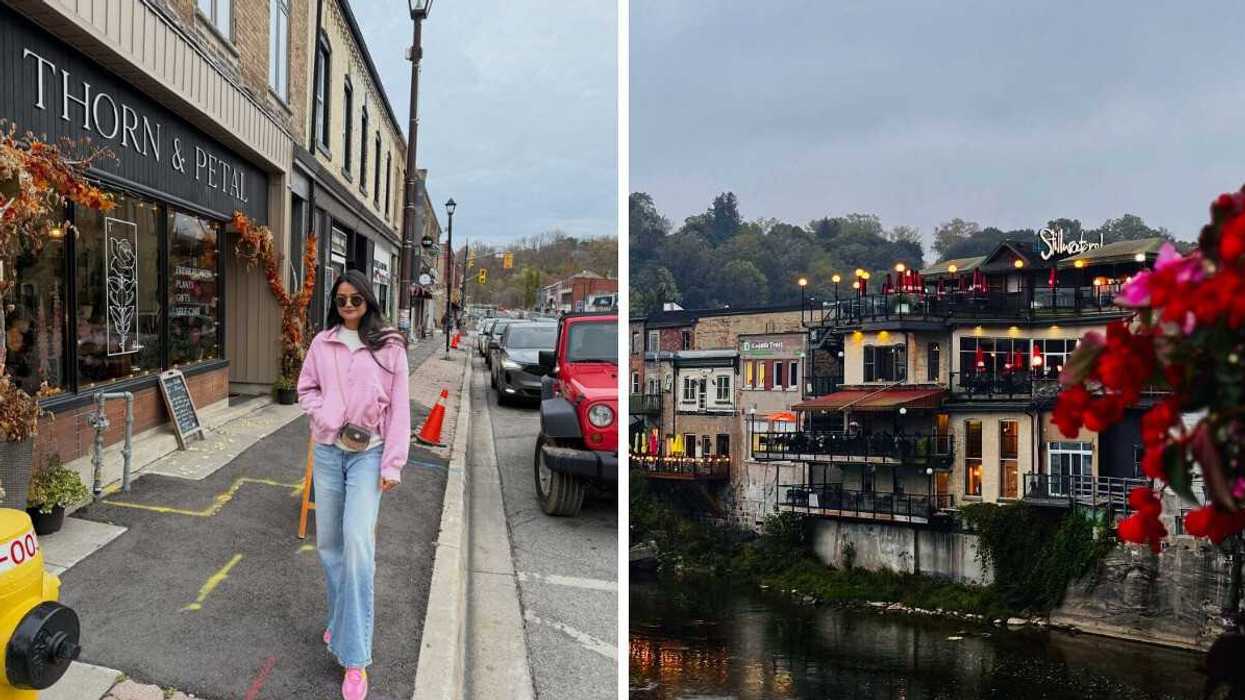 A person walking down a street. Right: Historic buildings along a river.