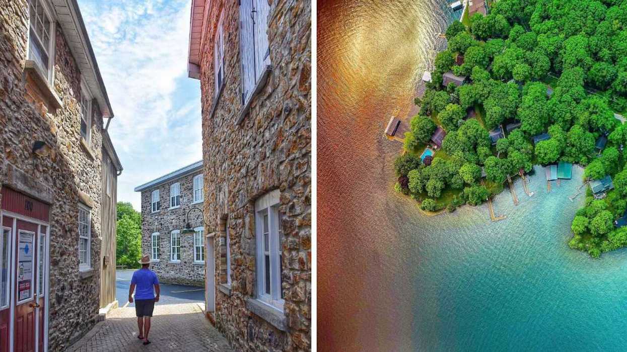 A person walking down a street with stone buildings. Right: An aerial view of houses on a waterfront.