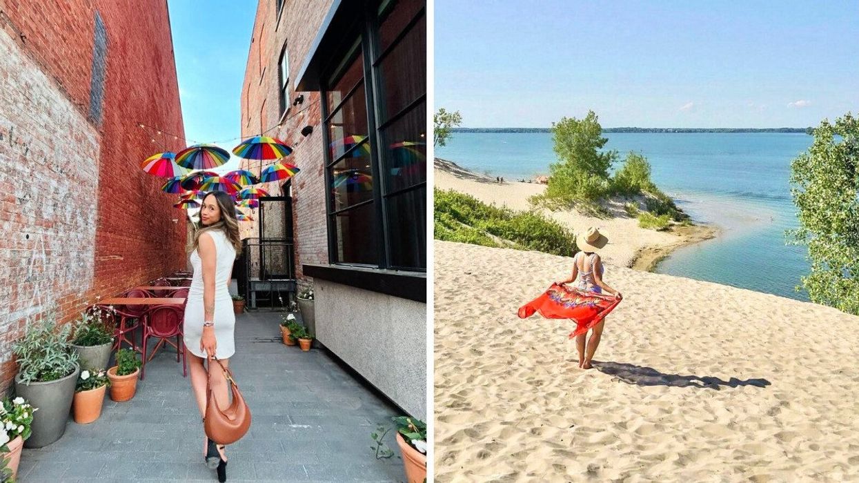 A person walking down an alley. Right: A person standing on a beach.