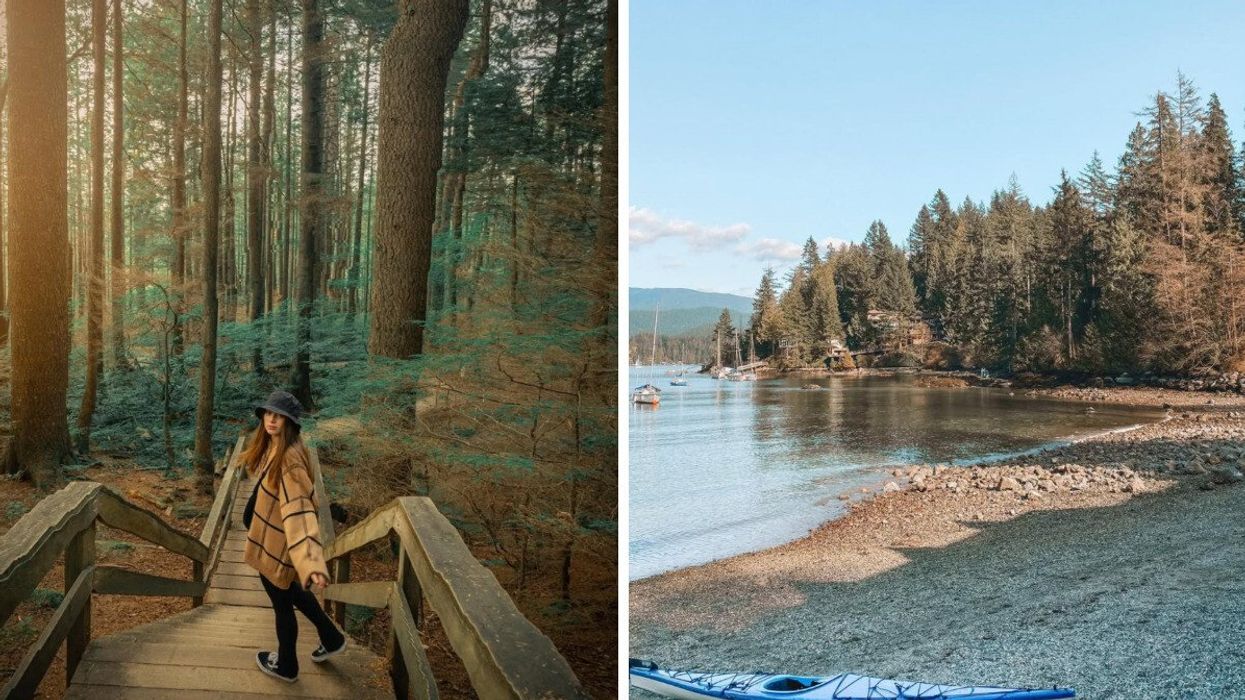 A person walking down stairs in a forest. Right: A rocky beach with a kayak on it.