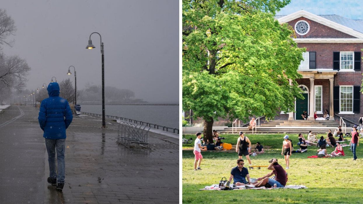 A person walking during an icy spring day. Right: Torontonians enjoying sunny weather.