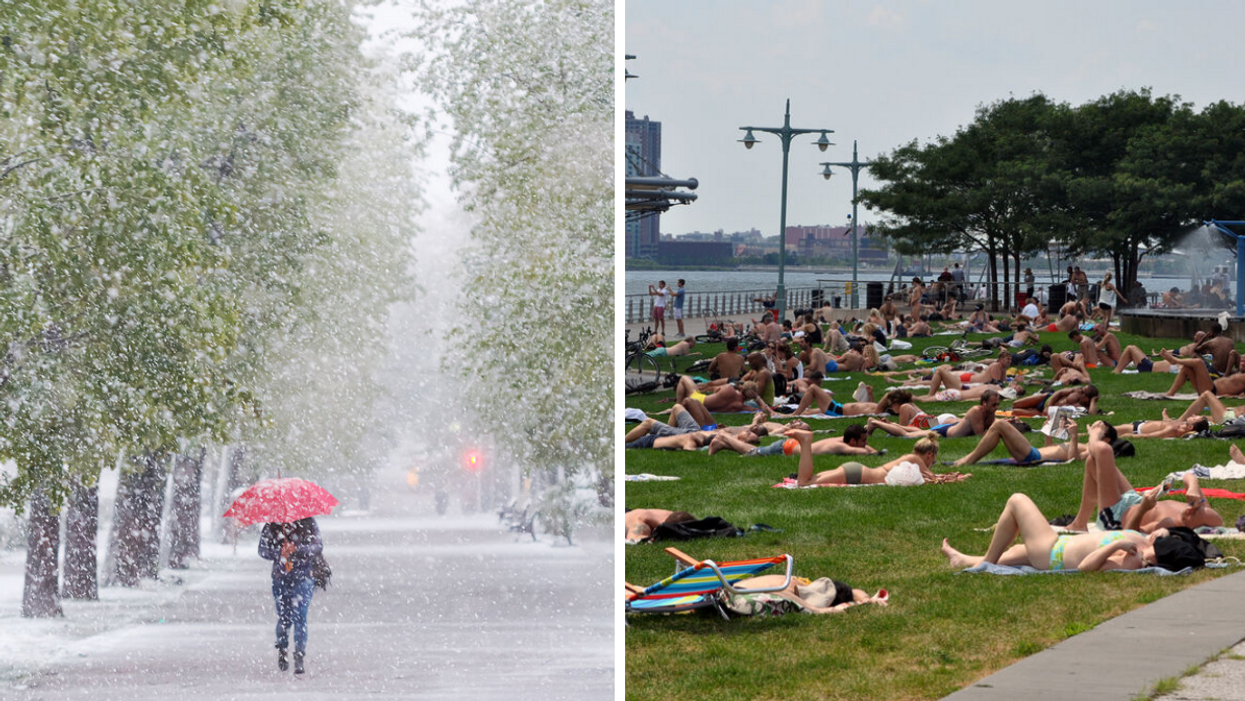A person walking in a snowfall under a red umbrella. Right: People laying out in the sun in New York City.