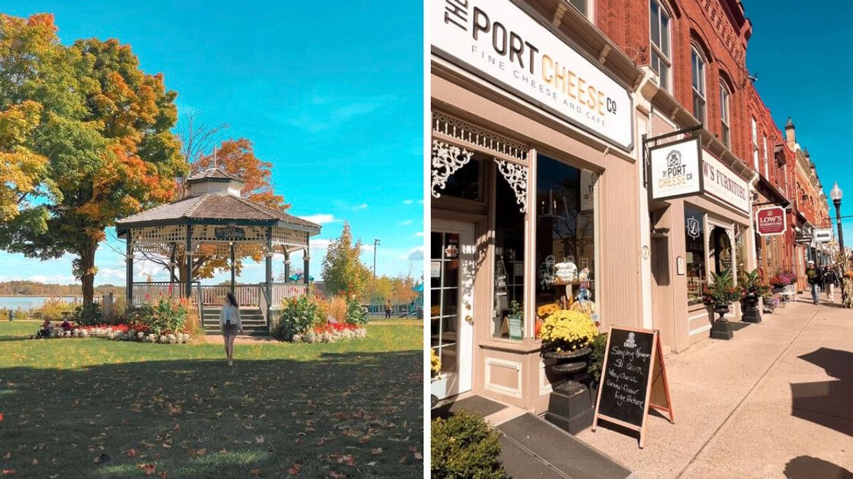 A person walking in front of a gazebo. Right: A historic main street.