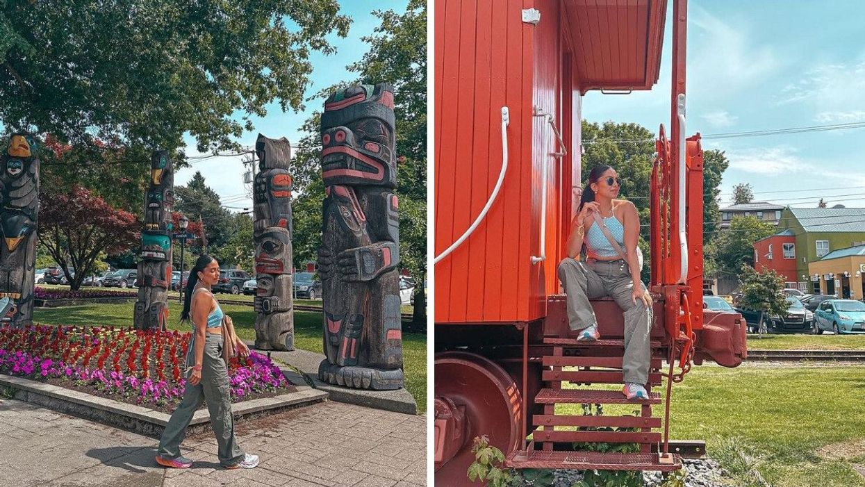 A person walking in front of four totems and a flower bed. Right: A person sitting on the steps an old red train car.